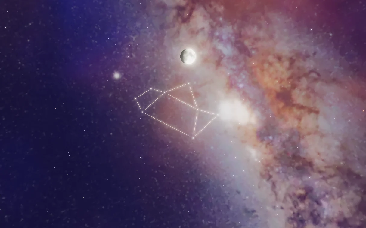 The sky of one birth night in Swayanta: the Moon among the stars of Sagittarius, joined by gold lines, over the Milky Way.